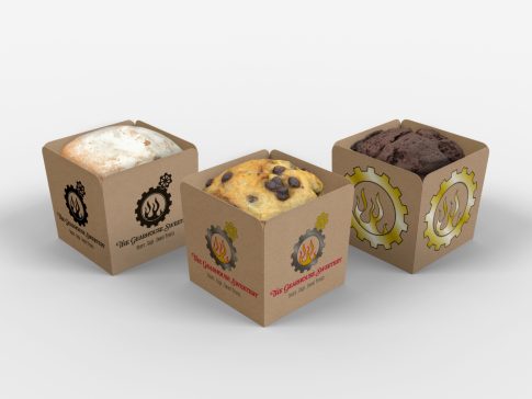 three muffins with logo